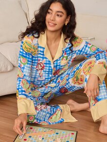 Chillnights Young Fashion Leopard Leaf Star Striped Print Lapel Open Front Long Sleeve Pants Pajama Set For Women - Multicolor - View 3