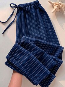 SHEIN PETITE CURVE 大尺碼條紋休閒居家長褲 抽繩腰頭 適用日常穿著 正式居家服 棕色 夏季 - 藍白色 - 查看 2