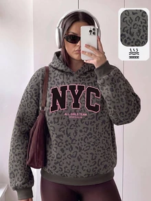 Solflare 女款冬季連帽運動衫，黑色與粉色復古美式豹紋對比色字母 NYC 圖案，秋季日常休閒 Y2K 風格 - 彩色 - 查看 2