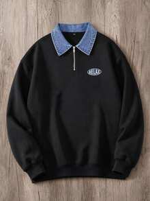 Daypath Denim Effect Patchwork Half-Zip Collar Sweatshirt, Minimalist Embroidered Design - Black - View 1