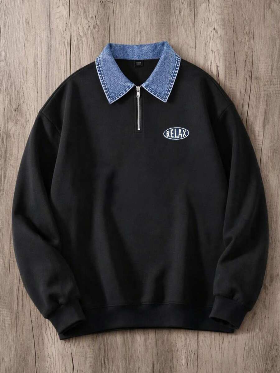 Daypath Denim Effect Patchwork Half-Zip Collar Sweatshirt, Minimalist Embroidered Design - Black - View 1