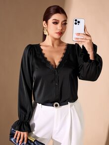 Cravure V-Neck Satin Applique Lace Trim Plus Size Blouse - Multicolor - View 3