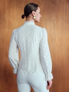 MOTF PREMIUM WOMEN'S AUTUMN/WINTER LACE RUFFLE HIGH NECK FRONT-OPENING LONG SLEEVE BLOUSE - White - View 8