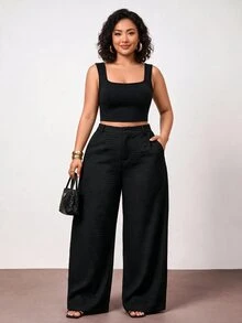 Enliva Plus Size Women's Textured Straight-Leg Loose Pants Pear Body,Triangle Body - Black - View 5