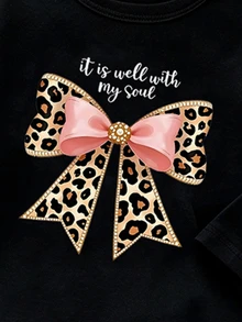 女童愛心豹紋蝴蝶結字母印花長袖T恤，舒適休閒上衣，秋冬款 (3件組) - 彩色 - 查看 3