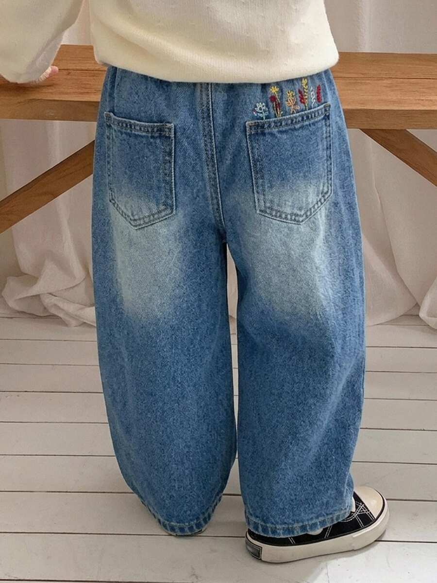 Dazy Kids 女嬰水洗花卉刺繡寬鬆牛仔褲 秋季 - 藍色 - 查看 1