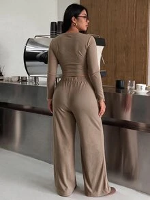 Muchica Plus Size Round Neck Long Sleeve Minimalist T-Shirt And Drawstring Waist Long Pants 2 Pieces Set Fall - Coffee Brown - View 2