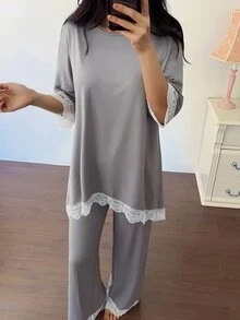DAZY Women's Lace Patchwork Top And Long Pants Loungewear Set - Dusty Blue - View 1