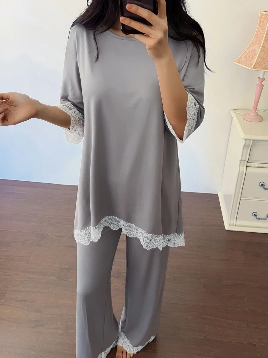 DAZY Women's Lace Patchwork Top And Long Pants Loungewear Set - Dusty Blue - View 1
