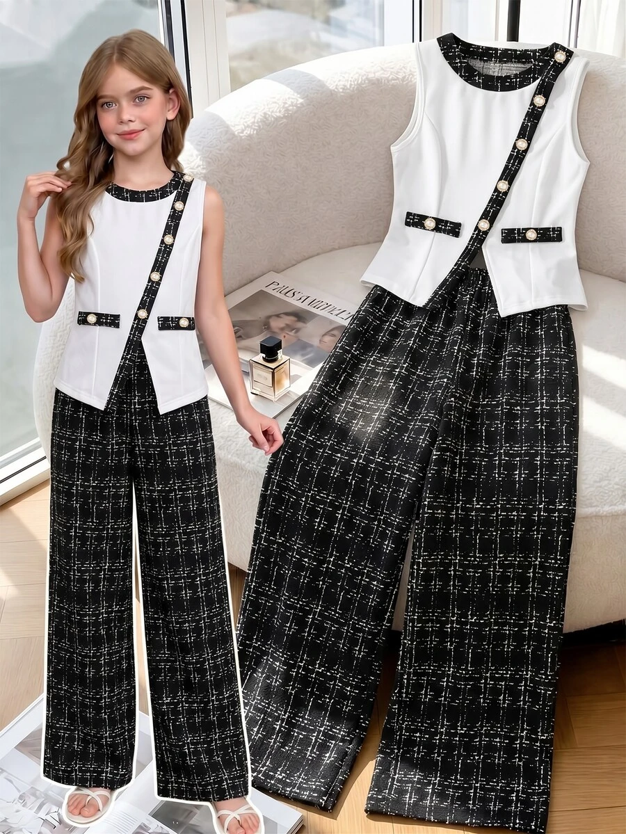 Girls Elegant Tweed 2pcs Outfit Mock Neck Sleeveless Vest Top And Wide Leg Pants Set Chic Party Suit - Black and White - View 1