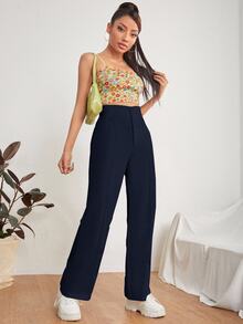 SHEIN PETITE 秋冬季小碼女款黑色修身雙口袋拉鍊長褲 - 藍色 - 查看 3