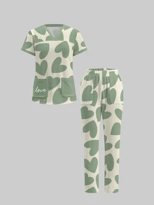 TaskEZ Casual Minimalist Green Heart Contrast Color Pattern Scrub Uniform Set - Multicolor - View 3