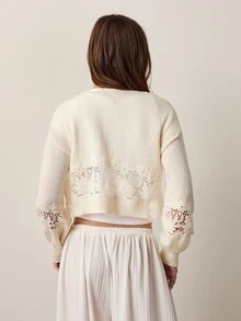 Willow Rêve Áo cardigan nữ phối ren phong cách thường ngày đa năng mặc hằng ngày - Kem - Xem 2