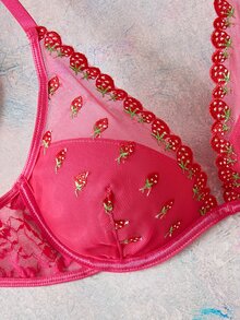 Elorette Women's Sweet Cute Rose Red Sexy Deep V Push-Up Bra Lingerie Set - Hot Pink - View 4