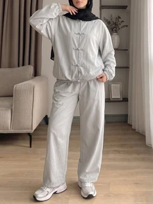 Solavon Women's Frog Button Long Sleeve Jacket And Pants 2 Pieces Set - Baby Blue - View 1