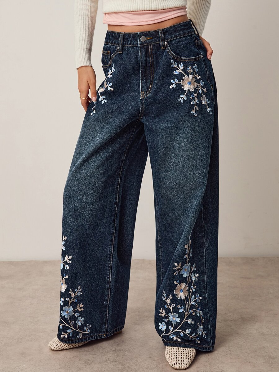Willow Rêve Women's Embroidered Loose Wide Leg Dark Blue Denim Jeans - Blue - View 1