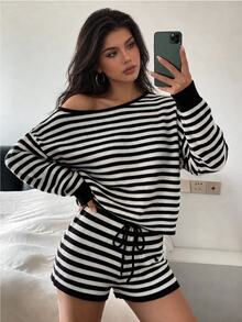 Sunnyshic Striped Cold Shoulder Knit Top And Drawstring Waist Knit Shorts 2 Pieces Set - Black and White - View 8