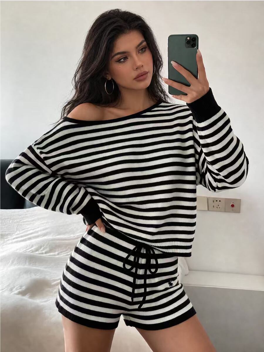 Sunnyshic Striped Cold Shoulder Knit Top And Drawstring Waist Knit Shorts 2 Pieces Set - Black and White - View 1