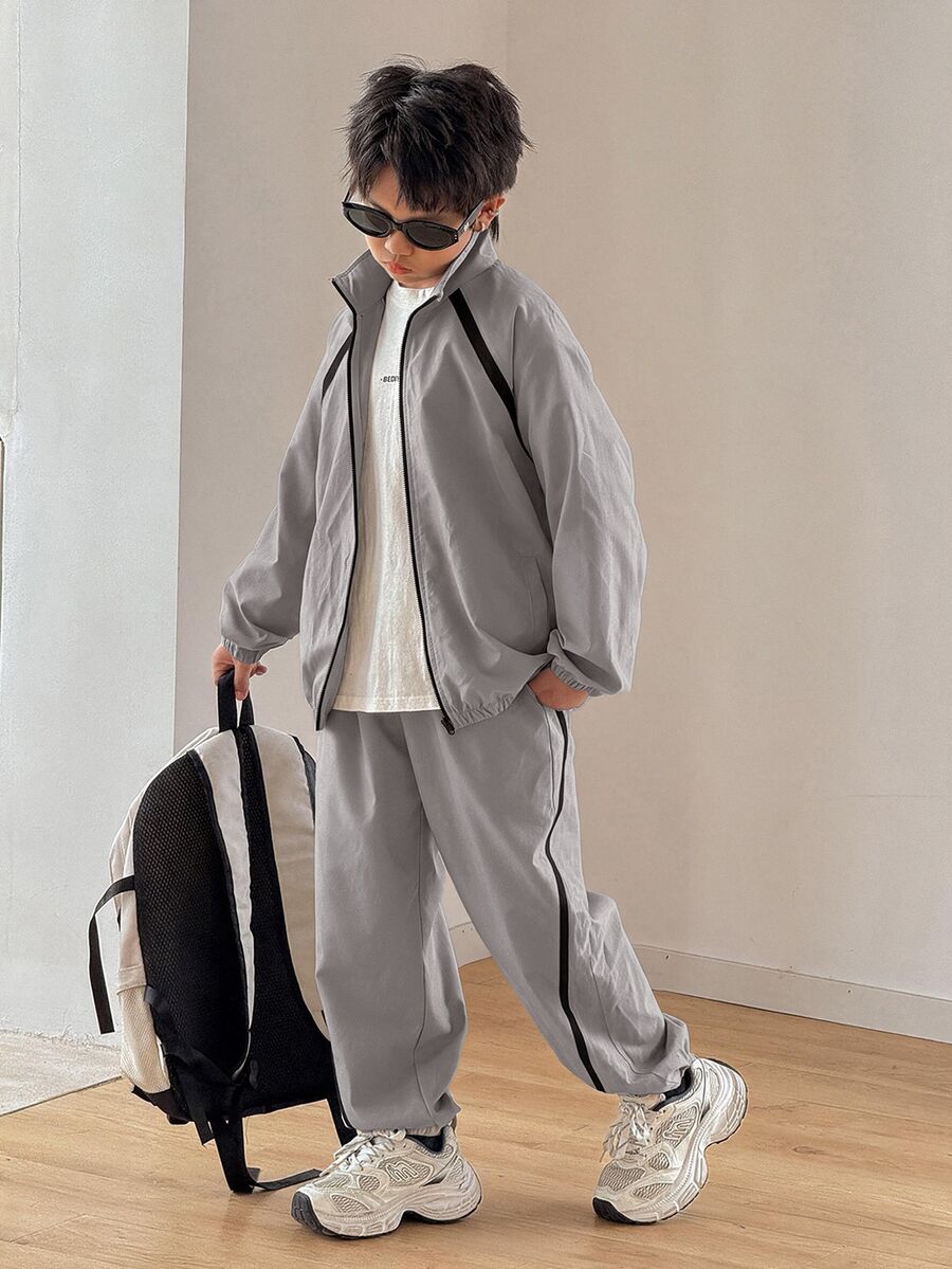 SHEIN Little Byeori 2件組 青少年男孩灰色休閒韓系寬鬆夾克立領抽繩褲套裝,秋季街頭風校園開學運動休閒風 - 淺灰色 - 查看 1