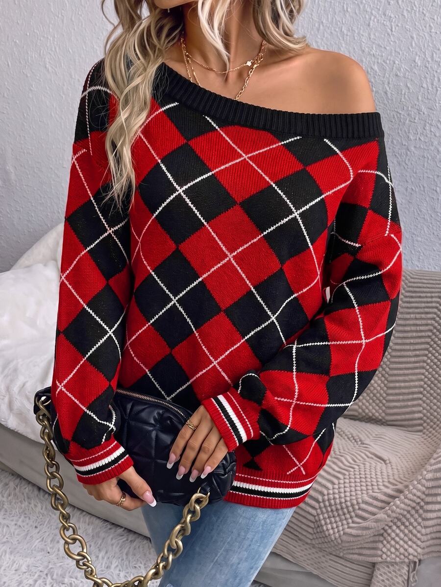 SHEIN LUNE Sweater Wanita Kasual Motif Kotak-kotak Model Bahu Terbuka, Cocok untuk Pakaian Musim Gugur dan Musim Dingin, Atasan untuk Keluar Rumah, dan Tahun Baru. - MultiWarna - View 1