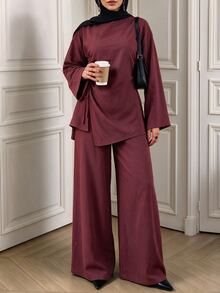 Elenzga Women's Minimalist Drawstring Pleated Top And Loose Pants Set - Burgundy - View 5