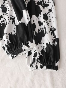 SHEIN 3pcs Baby Girls Romper Pants Headband Pink Cow Print Ribbed Knit Long Sleeve Round Neck Ruffle Bow Button Front Birthday Fall - Multicolor - View 4