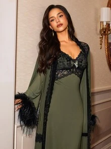 Slumberist Vintage Military Green Feather Cuff Lace Robe 2 Pieces Set, Sexy Hollow Lace Camisole Long Nightgown 2 Pieces Set - Army Green - View 5
