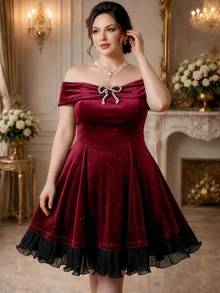 Rometta Plus Size Off-Shoulder Rhinestone Bow Decor Cinched Cinched Waist A-Line Layered Tulle Dress, Fashionable Elegant For Street, Party, Date, Women - Burgundy - View 6
