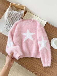 青少年女孩保暖提花長袖毛衣，適合週末出遊 - 粉色 - 查看 8