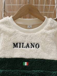 兒童男童配色珊瑚絨套裝 MILANO 字母刺繡毛絨長袖上衣與收口長褲，休閒日常穿搭，時尚兩件套，適合秋冬 - 綠色 - 查看 3