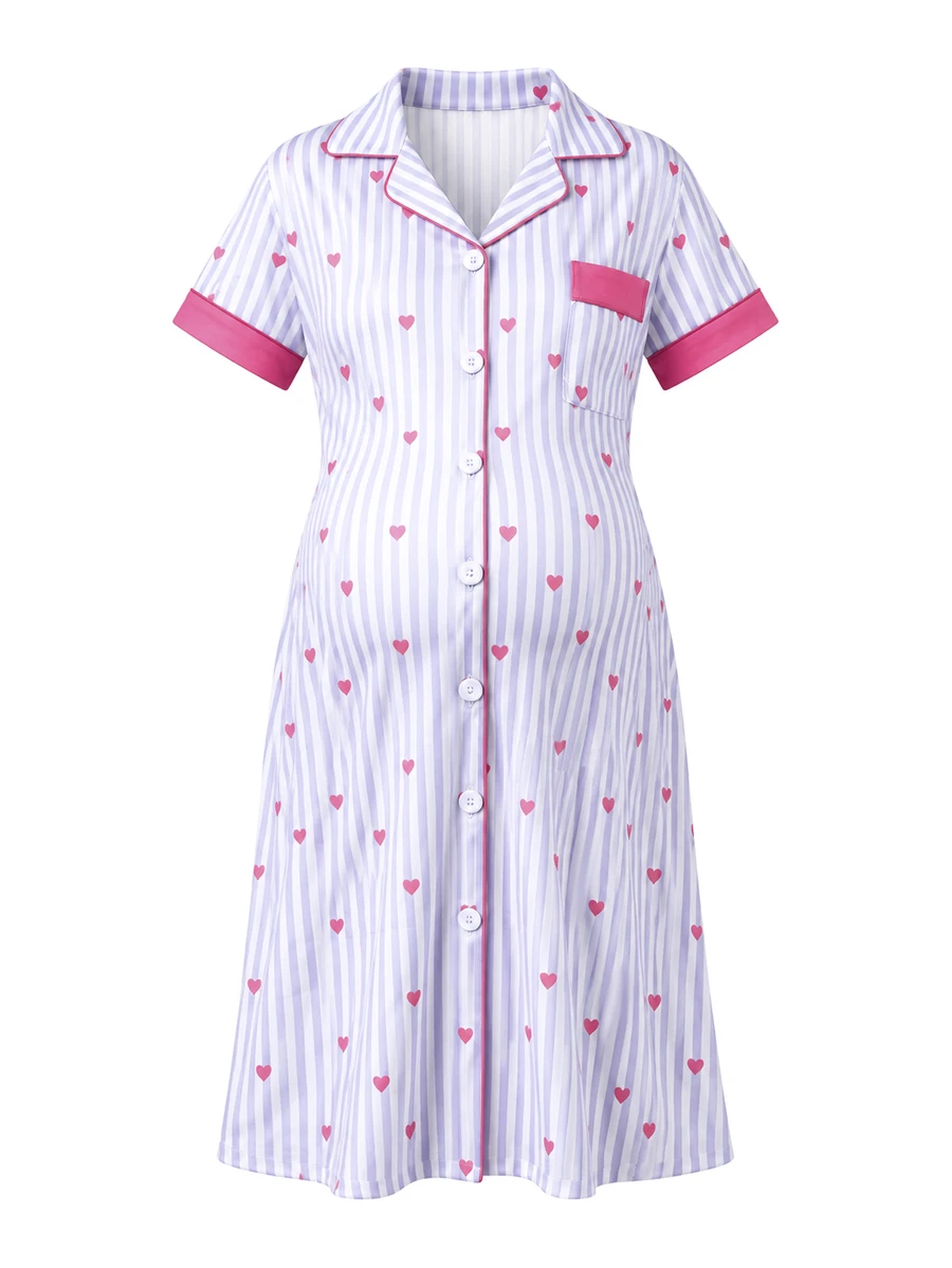 Moonlight&Mama Grey & White Vertical Striped All-Over Print Pink Heart Contrast Trim Lapel Cardigan Short Sleeve Maternity Loose Fit Nightgown Loungewear - Dusty Purple - View 1