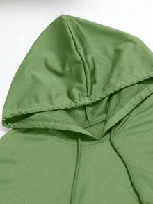 Linhara CURVE 女款大尺碼純黑色連帽抽繩前開鈕扣側開衩長袖運動衫洋裝，大口袋，寬鬆落肩直筒長洋裝，復古休閒通勤新風格 - 綠色 - 查看 7