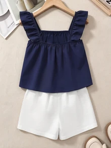 SHEIN 青少年女孩 2件組 花卉印花荷葉袖上衣與短褲迷你套裝，夏季休閒度假穿搭 - 彩色 - 查看 2