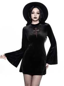 ROMWE Women's Short Cross Mesh A-Line Flare Sleeve Velvet Fabric Gothic Dress - Black - View 1