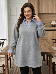 Lacomfia Women's 2 In 1 Striped Patchwork Loose Casual Daily Autumn/Winter Gray Thermal Lined Plus Size Sweatshirt - Grey - View 6