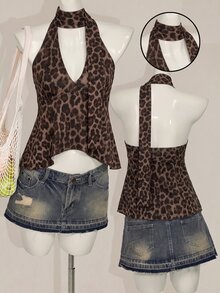 SHEIN ICON 女款休閒露背娃娃裝背心，豹紋印花背心 - 彩色 - 查看 7