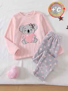 SHEIN 2pcs/Set Girls Fashion Cartoon Koala & Heart Print Long Sleeve Fleece Pajama Set, Winter Flannel Pajama Set. Bow Pajama Set, Girls Loungewear Set - Pink - View 3