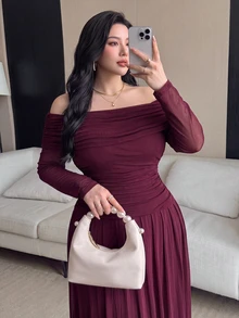 Feyla Plus Size Elegant Pleated Off-Shoulder Dress - Rusty Rose - View 5