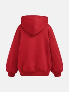 SHEIN Girlism 青少年女孩紅色休閒連帽衛衣，秋冬款，附口袋，十字設計，百搭長袖套頭衫，英文標語灰色 - 紅色 - 查看 2
