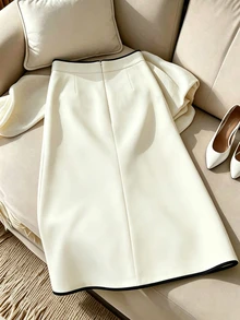 Velvienne Plus Size Women's Colorblock Split Hem Casual Daily Skirt - Apricot - View 2