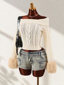 Mistrie Women's Cable Knit Off-Shoulder Patchwork Fuzzy Cuff Fashion Sweater - White - View 1