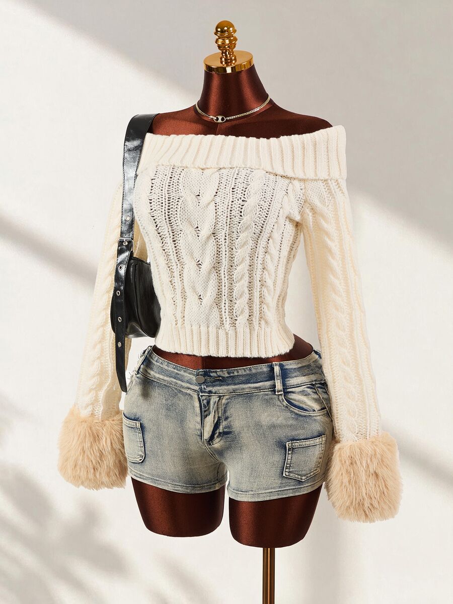 Mistrie Women's Cable Knit Off-Shoulder Patchwork Fuzzy Cuff Fashion Sweater - White - View 1