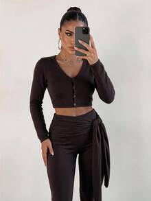 SHEIN Sports Women's Spring/Summer Solid Color Tight Waist Belt 7/10 Length Sports Leggings - Coffee Brown - View 7
