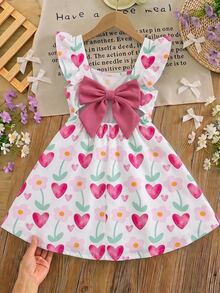 SHEIN Young Girl Bowknot Decor Floral Print Casual Summer Dress - Pink - View 4