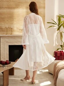 Moireta Women's Lace Patchwork Camisole Dress And Cardigan Casual Sleepwear Set - White - View 2