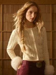 MOTF STUDIO WOMEN'S AUTUMN/WINTER FUZZY CUFF CROCHET BEADED KNIT CARDIGAN - Beige - View 7