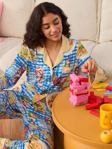 Chillnights Young Fashion Leopard Leaf Star Striped Print Lapel Open Front Long Sleeve Pants Pajama Set For Women - Multicolor - View 8