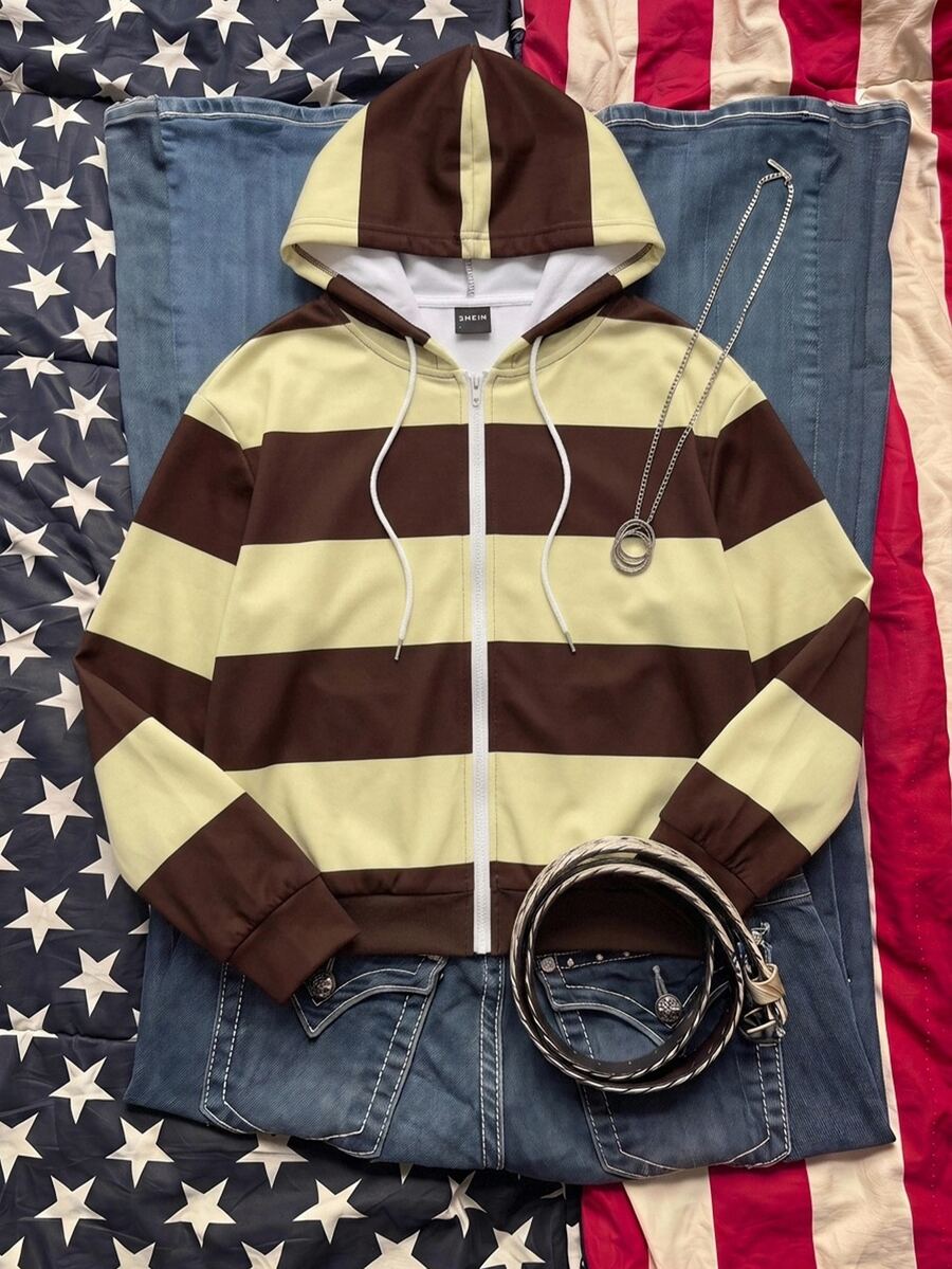 SHEIN EZwear 女款全印花運動衫，棕色與黃色條紋，現代都市時尚商務休閒辦公穿搭，低調老錢風，精緻通勤機場造型，學院風返校校園社團休閒青年風格 - 彩色 - 查看 1