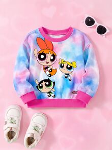 THE POWERPUFF GIRLS X SHEIN 女童卡通印花紮染休閒日常長袖衛衣 - 玫紅色 - 查看 4