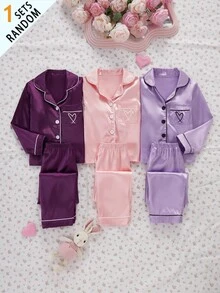SHEIN 女童純色緞面簡約口袋愛心印花長袖開襟外套配長褲休閒居家服 3 套隨機發貨 1 - 淺灰紫 - 查看 1